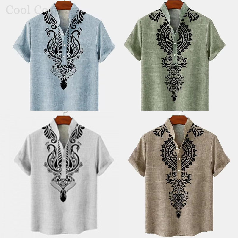 3D Printing Quality - เสื้อเชิ้ตเฮนลีย์สไตล์เรโทรสำหรับผู้ชาย ลายพิมพ์ 3 มิติ สไตล์ชาติพันธุ์ แฟชั่น