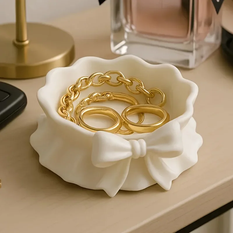 3D Printing Jewelry - ถาดเก็บของรูปโบว์สีขาว, ถาดเก็บเครื่องประดับรูปโบว์พิมพ์ 3 มิติ, ของตกแต่งบ้าน, กล่องเก็บของสไตล์สาวหวาน